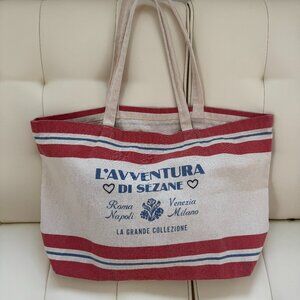 Sezane limited edition Italy l'Avventura cotton canvas tote bag red stripe heart